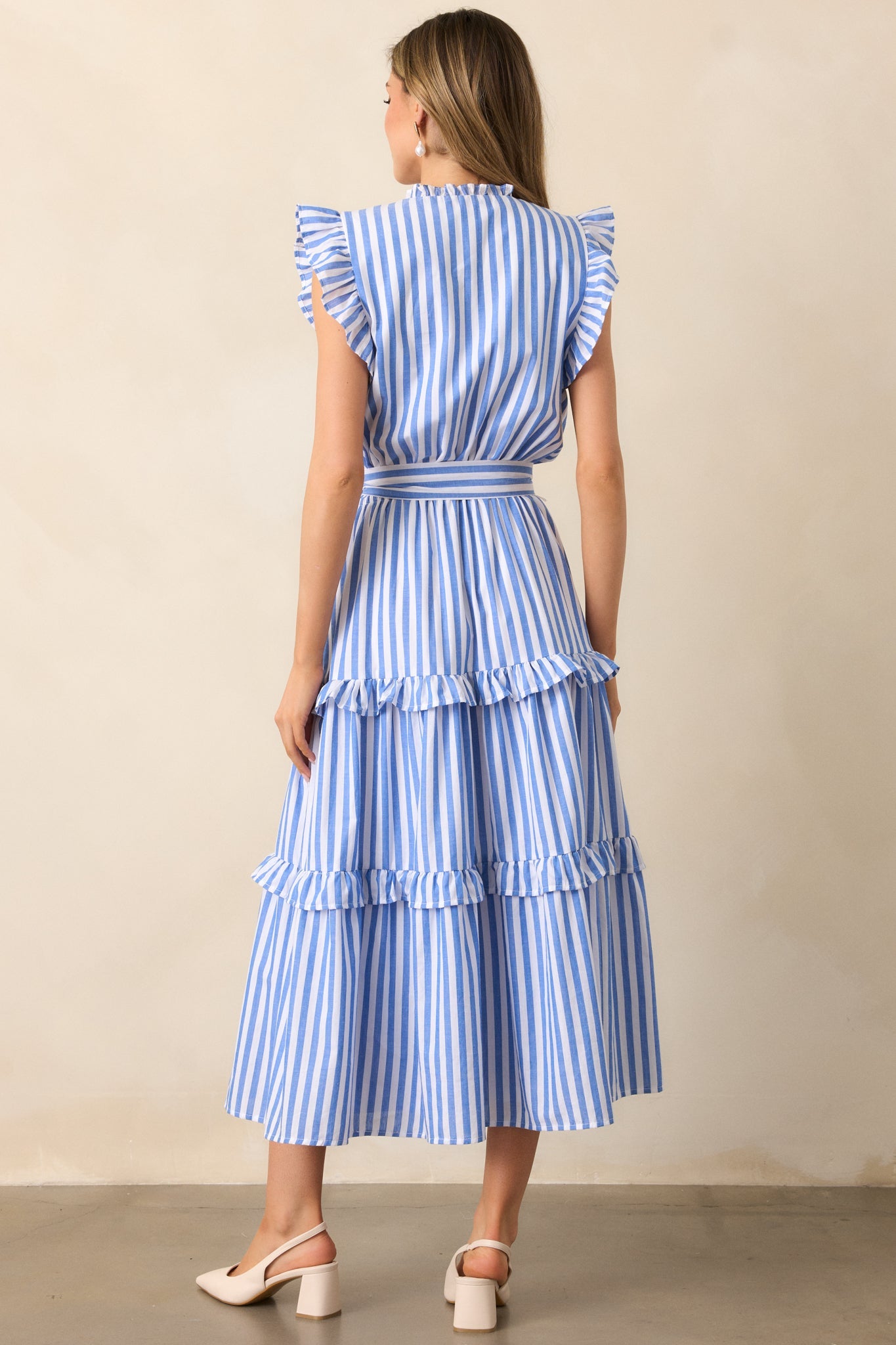 Feeling Free Blue Stripe Cotton Flutter Sleeve Maxi Dress