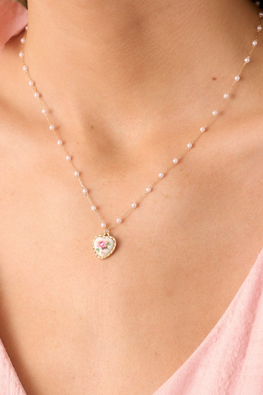 Feeling Connected Pink Floral Heart Faux Pearl Necklace