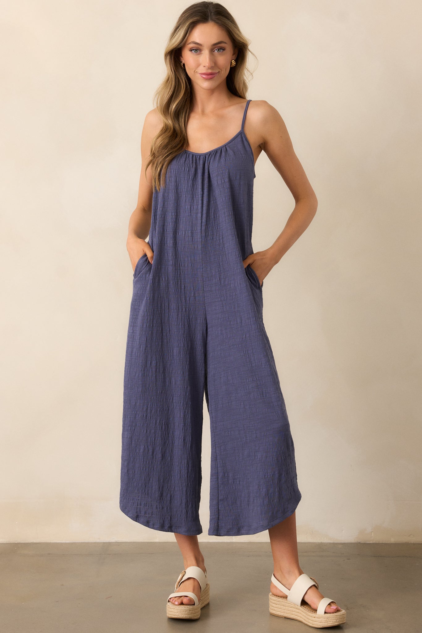 Z Supply Worn Blue Textured Flared Jumpsuit