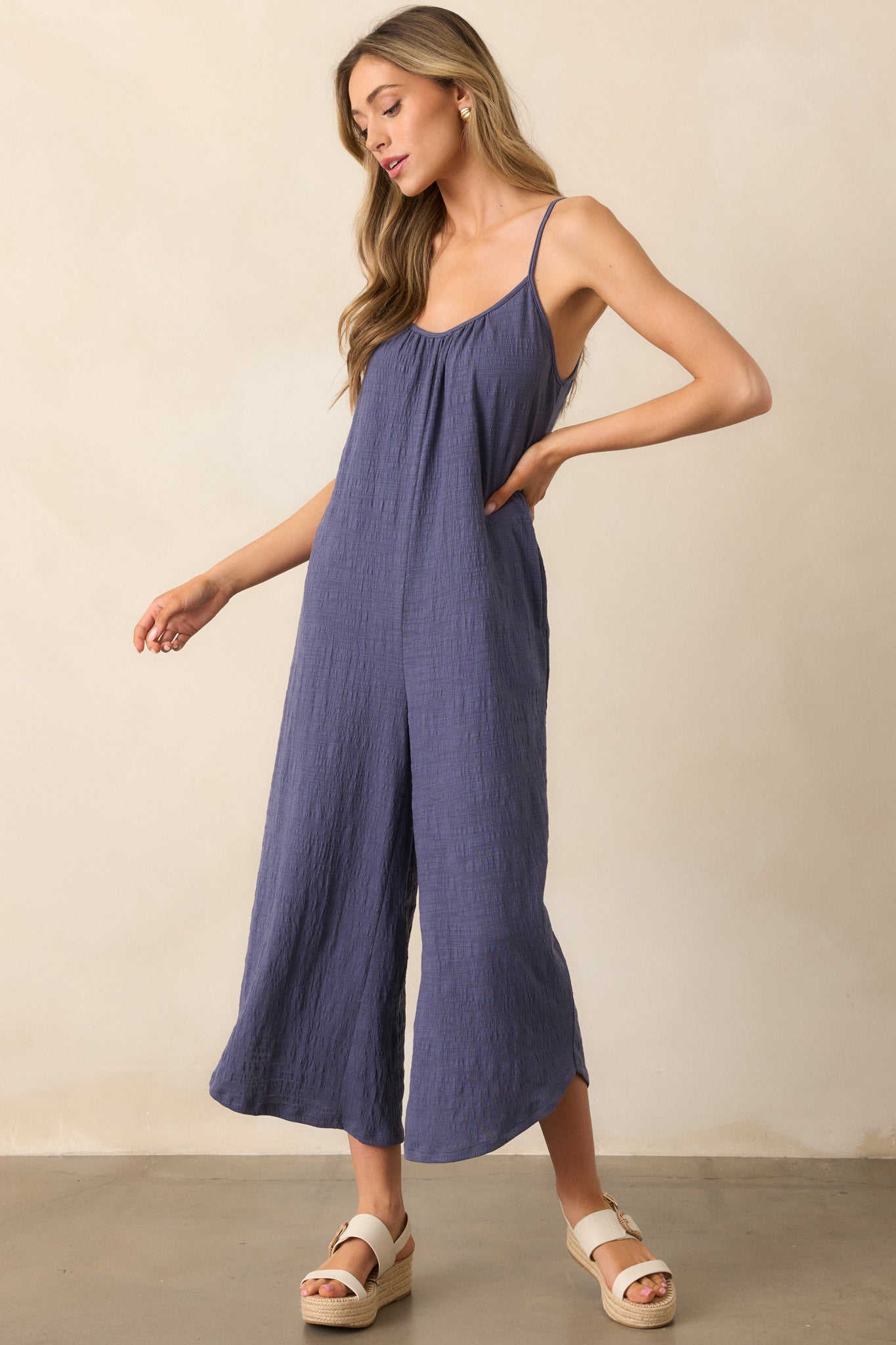 Z Supply Worn Blue Textured Flared Jumpsuit