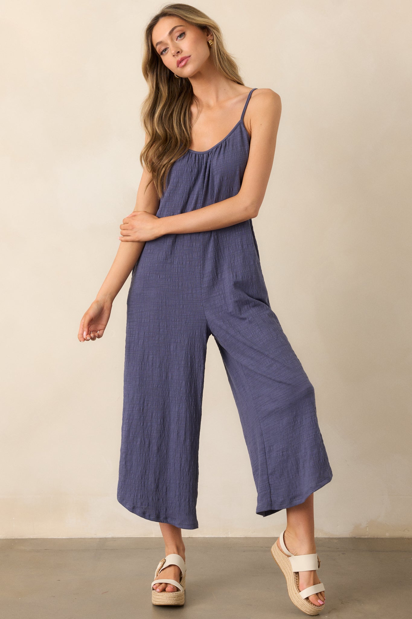 Z Supply Worn Blue Textured Flared Jumpsuit