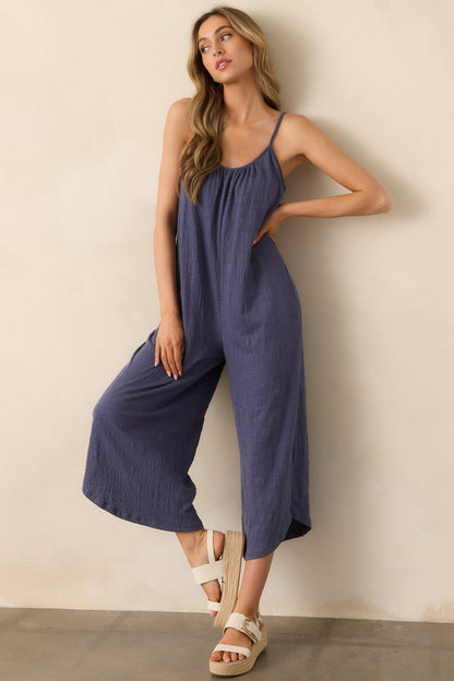Z Supply Worn Blue Textured Flared Jumpsuit