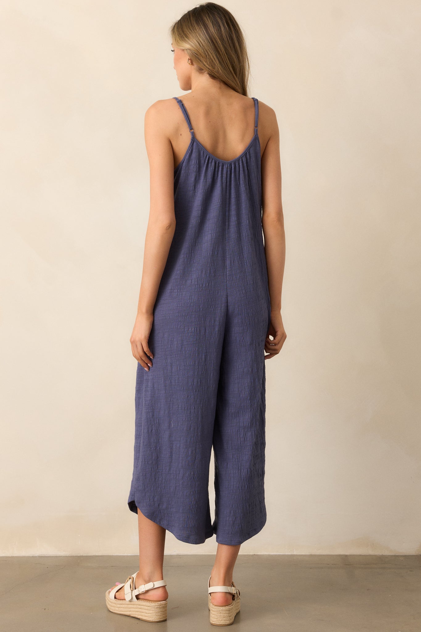 Z Supply Worn Blue Textured Flared Jumpsuit