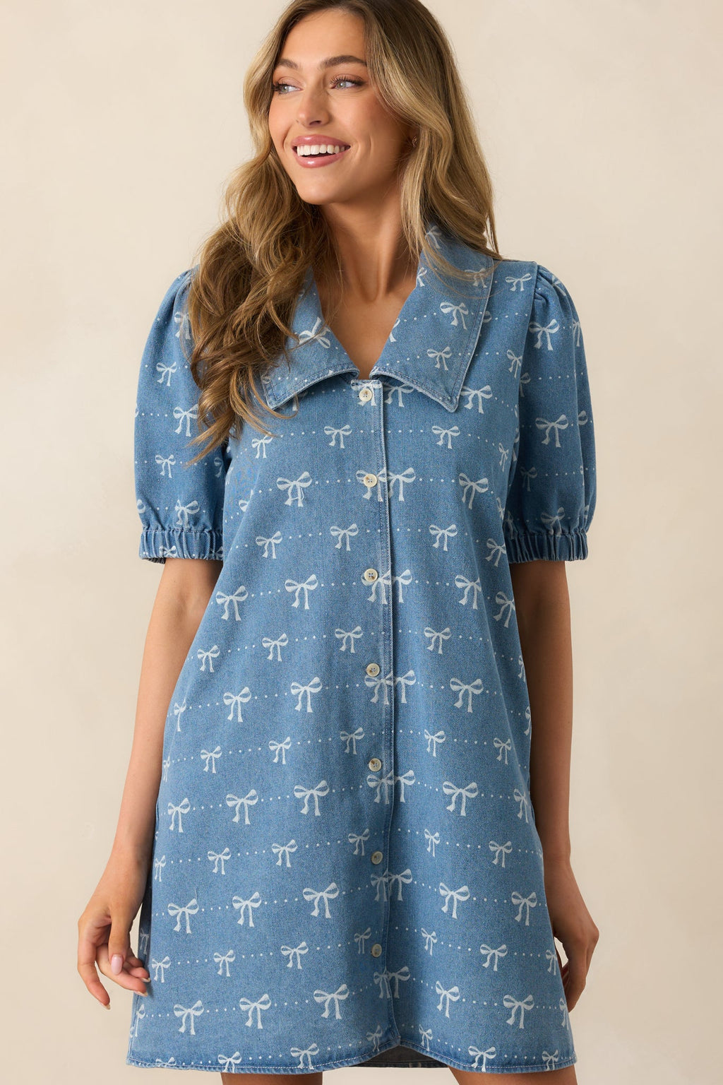 A Fine Line Medium Wash Denim Button Front Mini Dress