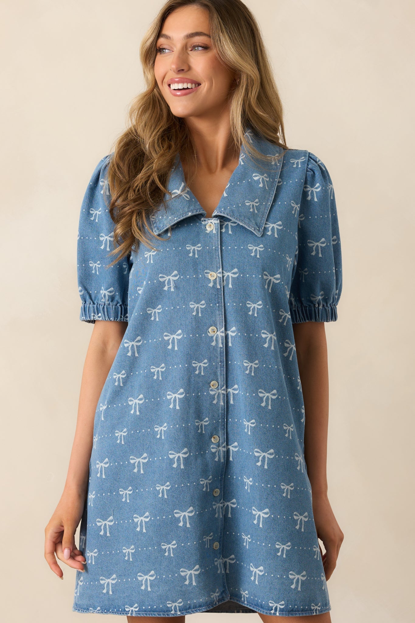 A Fine Line Medium Wash Denim Button Front Mini Dress