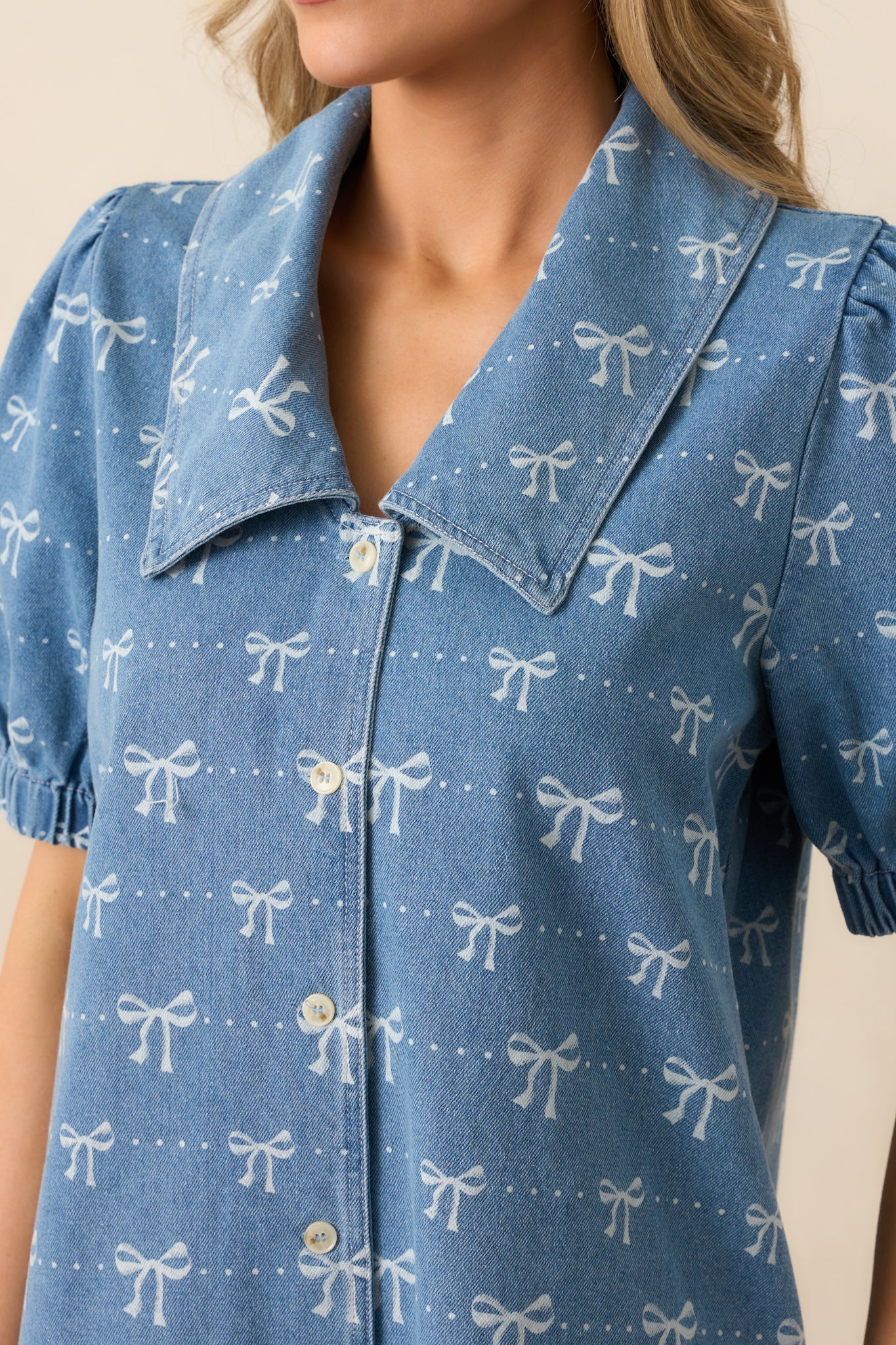 A Fine Line Medium Wash Denim Button Front Mini Dress