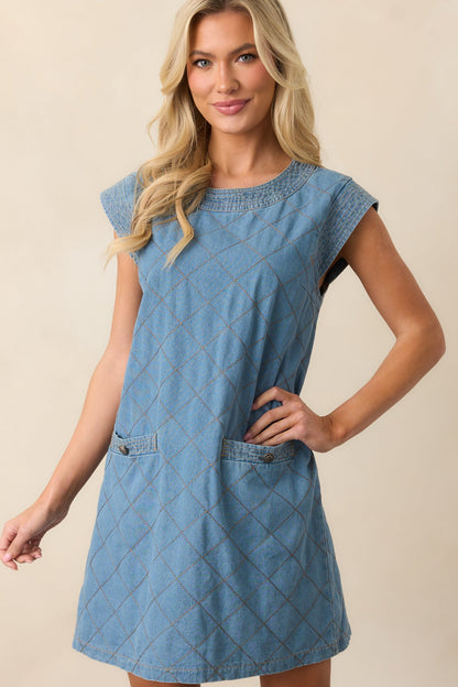 Just Wondering Light Chambray Quilted Mini Dress
