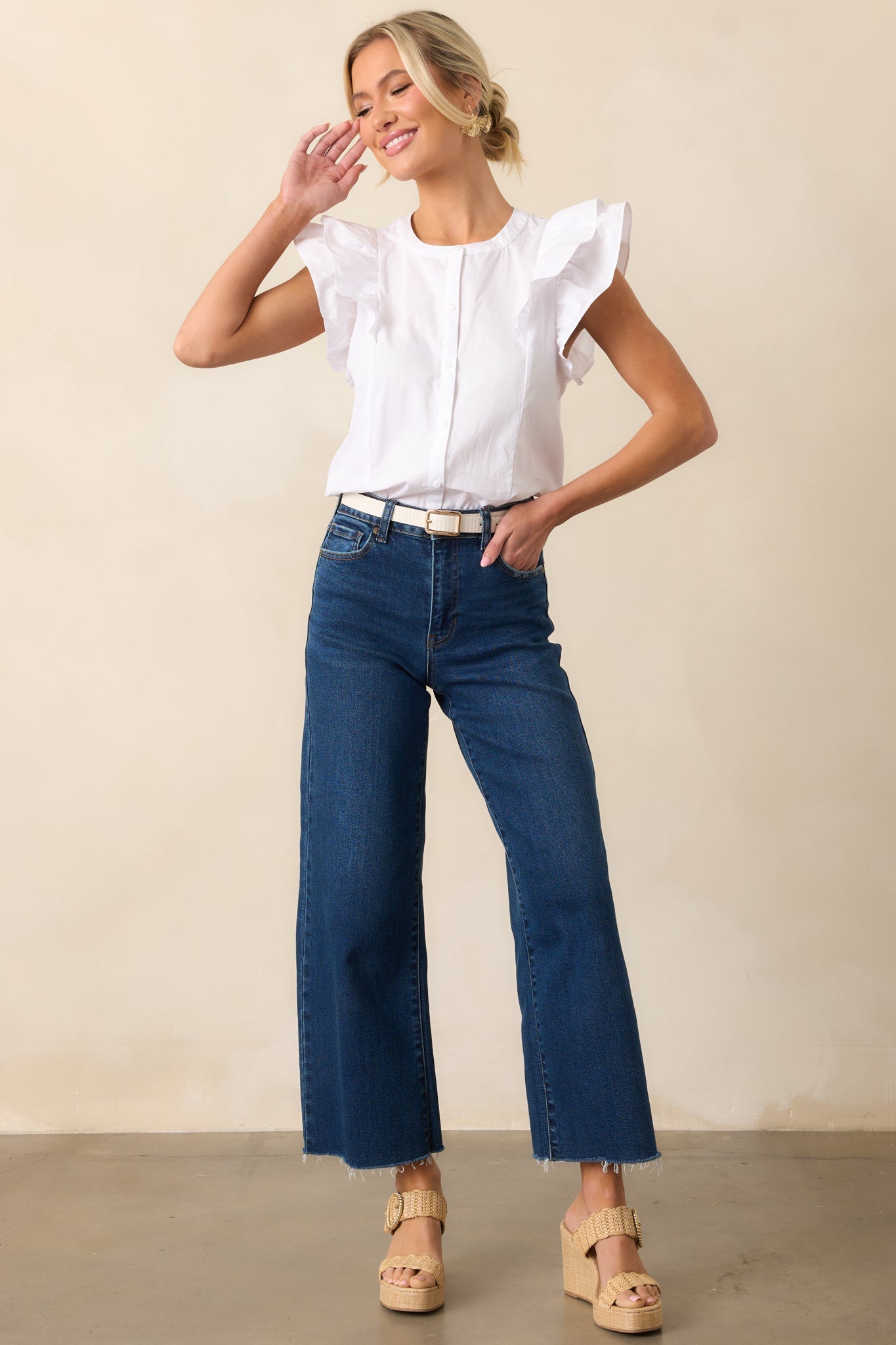 Feels Like Yesterday White Cotton Button Front Blouse