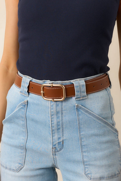 Catching The Train Cognac Brown Stitch Border Belt