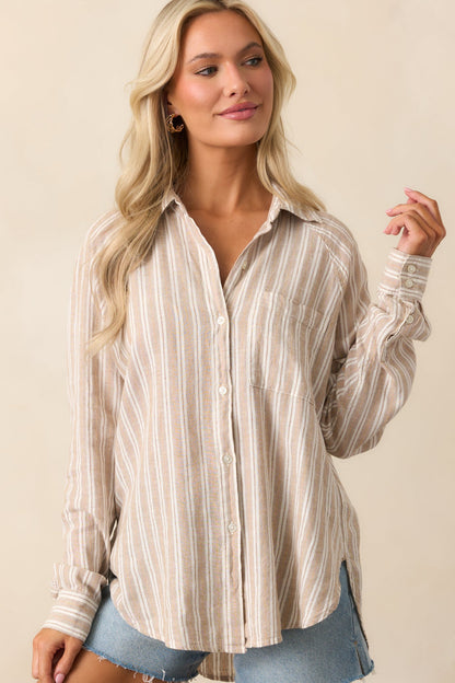 Z Supply Pebble Moon Taupe Perfect Linen Stripe Top