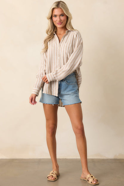 Z Supply Pebble Moon Taupe Perfect Linen Stripe Top
