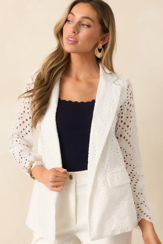 In Your Element White Cotton Embroidered Eyelet Blazer