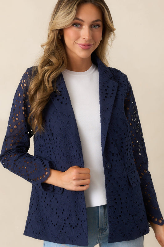 In Your Element Navy Cotton Embroidered Eyelet Blazer