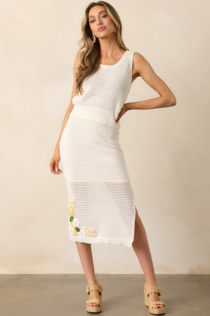 In My Own World Ivory Cotton Lemon Crochet Knit Midi Skirt