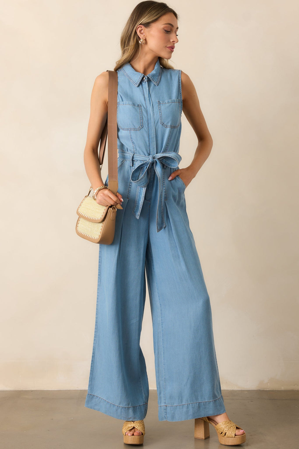 Best Foot Forward Blue Chambray Sleeveless Jumpsuit