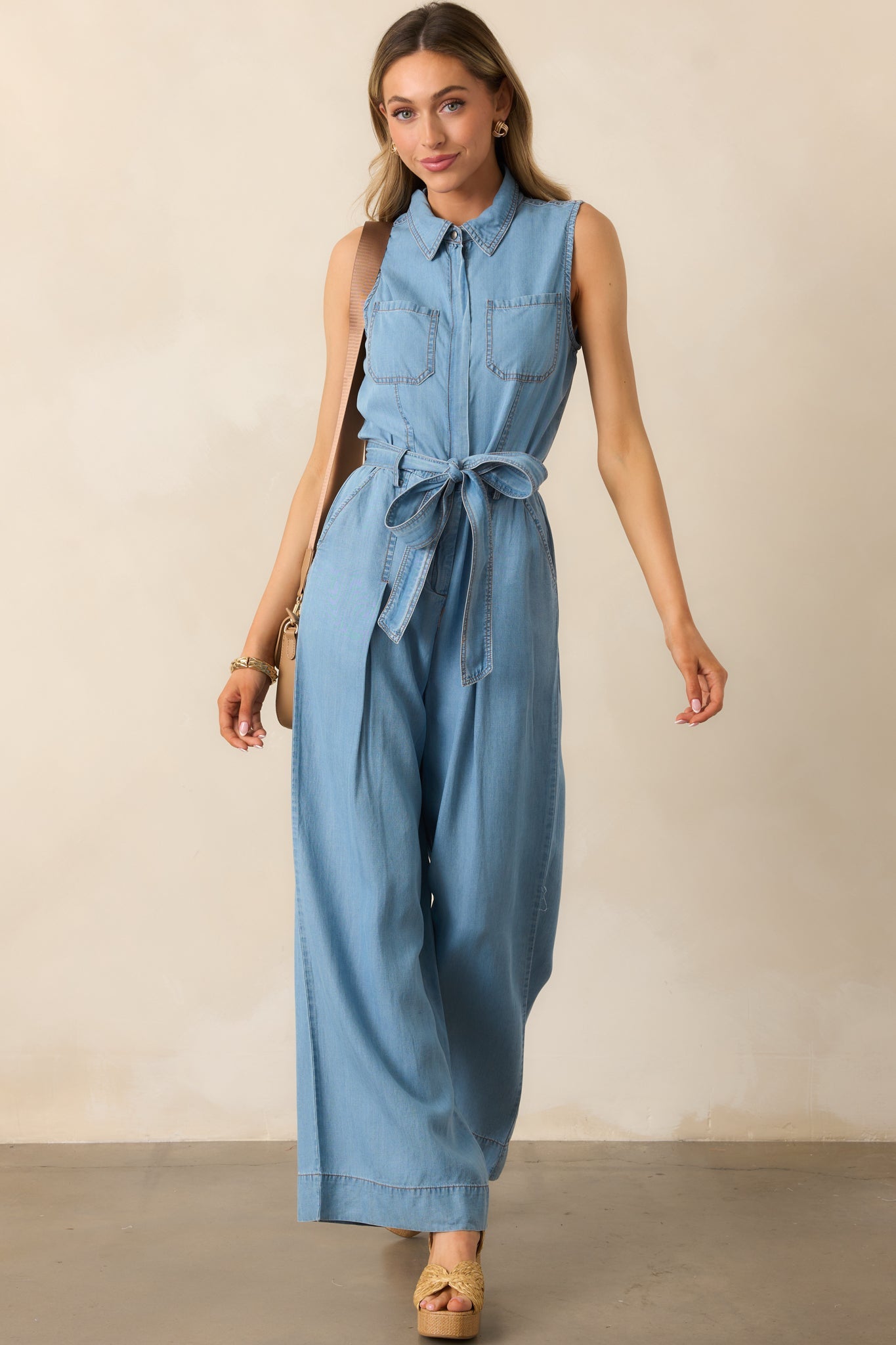 Best Foot Forward Blue Chambray Sleeveless Jumpsuit