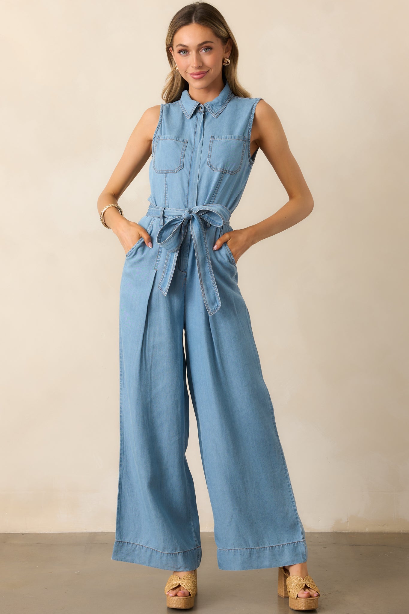 Best Foot Forward Blue Chambray Sleeveless Jumpsuit