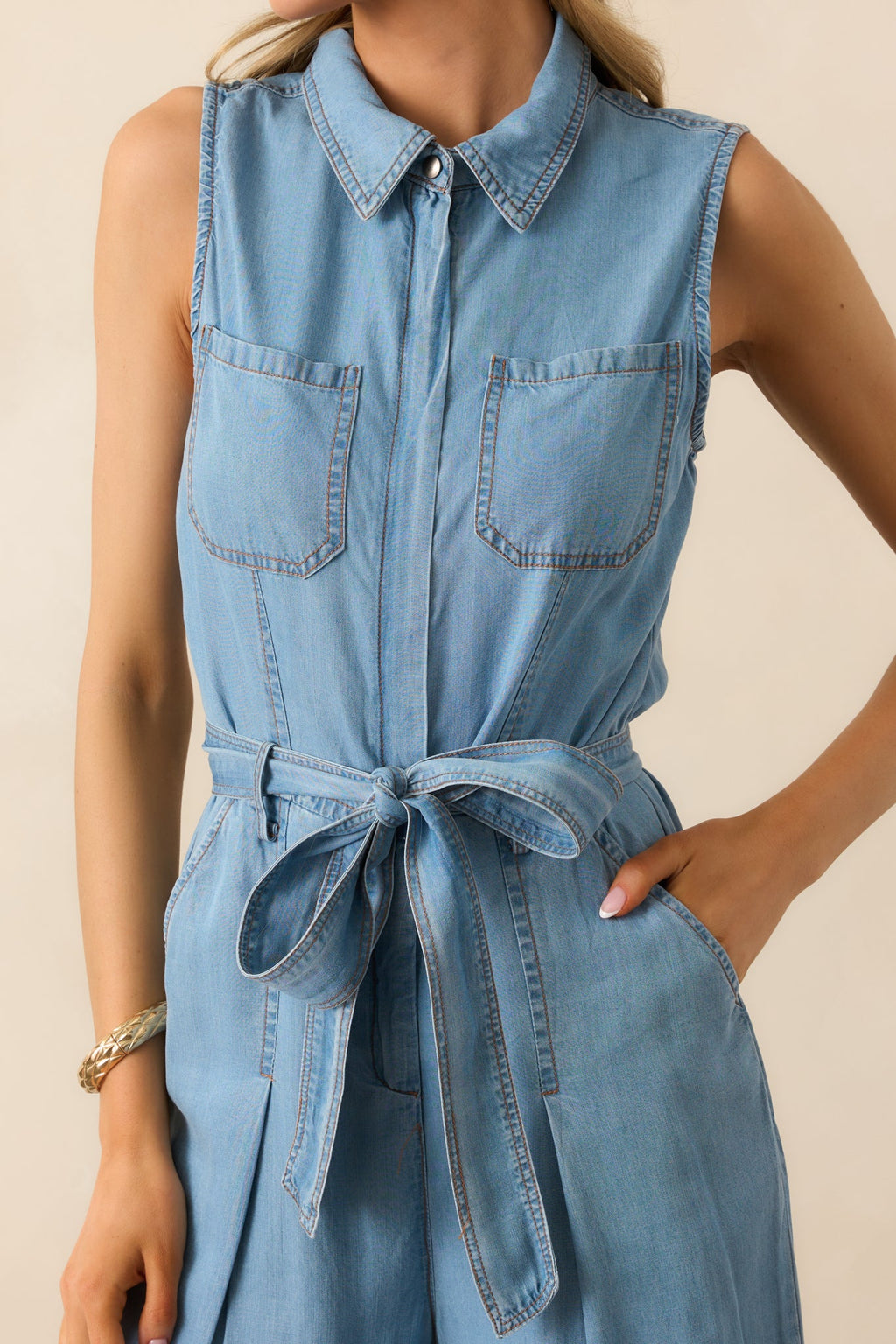 Best Foot Forward Blue Chambray Sleeveless Jumpsuit