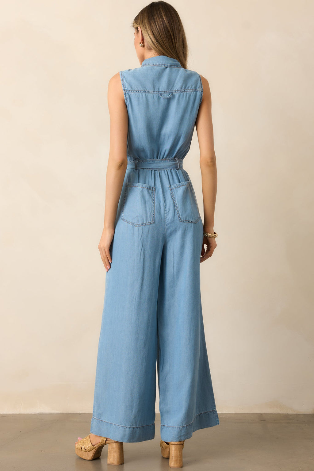 Best Foot Forward Blue Chambray Sleeveless Jumpsuit