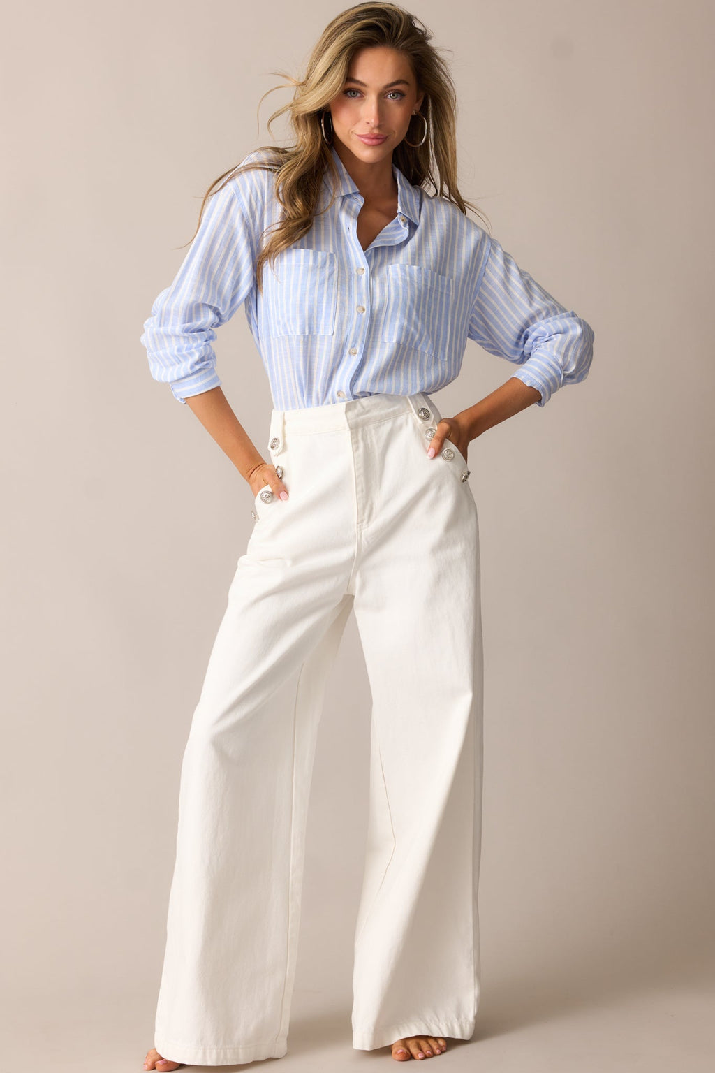 Coastline Cruise Light Blue Stripe Button Front Top