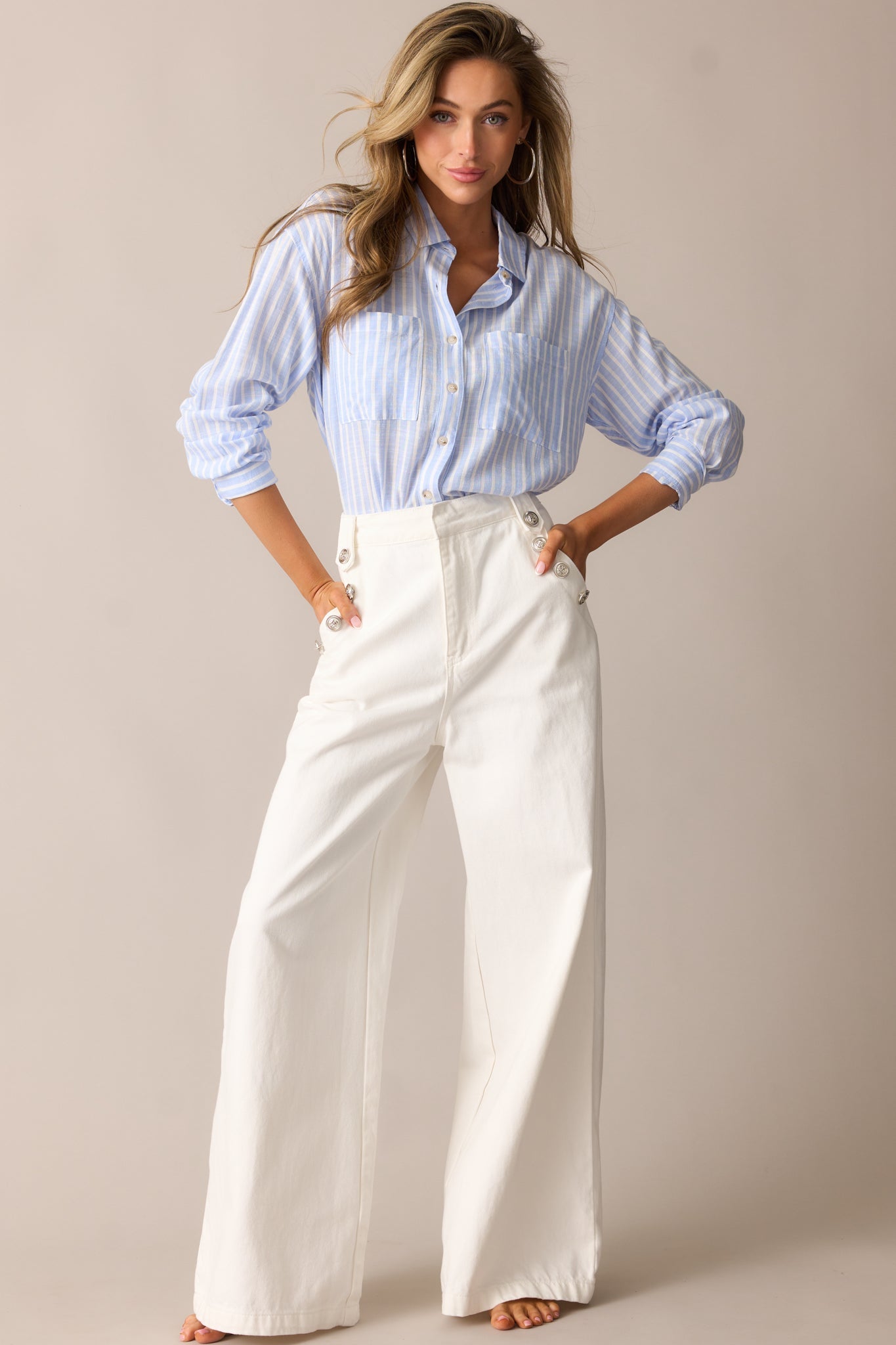 Coastline Cruise Light Blue Stripe Button Front Top