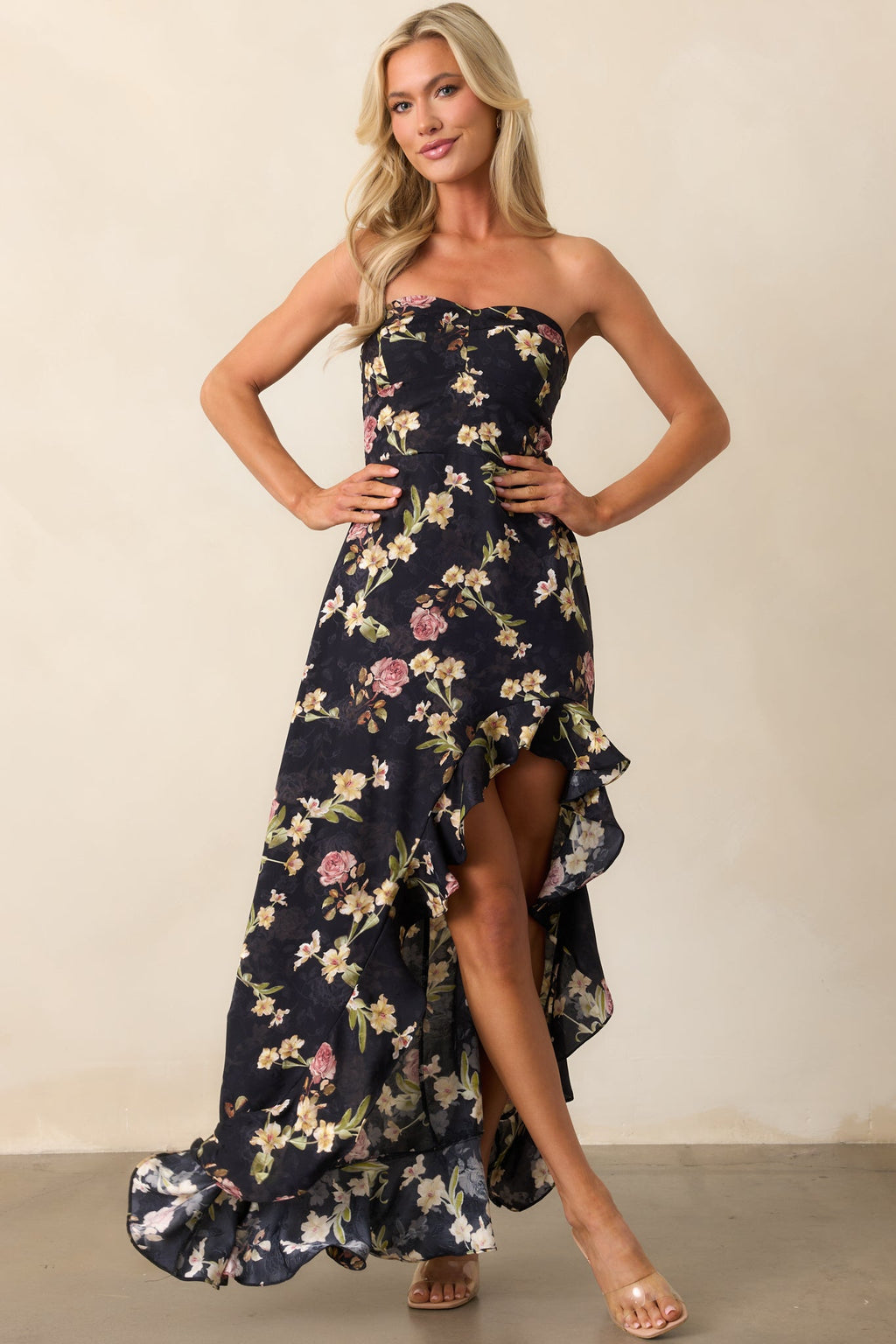 Ever After Deep Navy Floral Jacquard Strapless High Low Dress