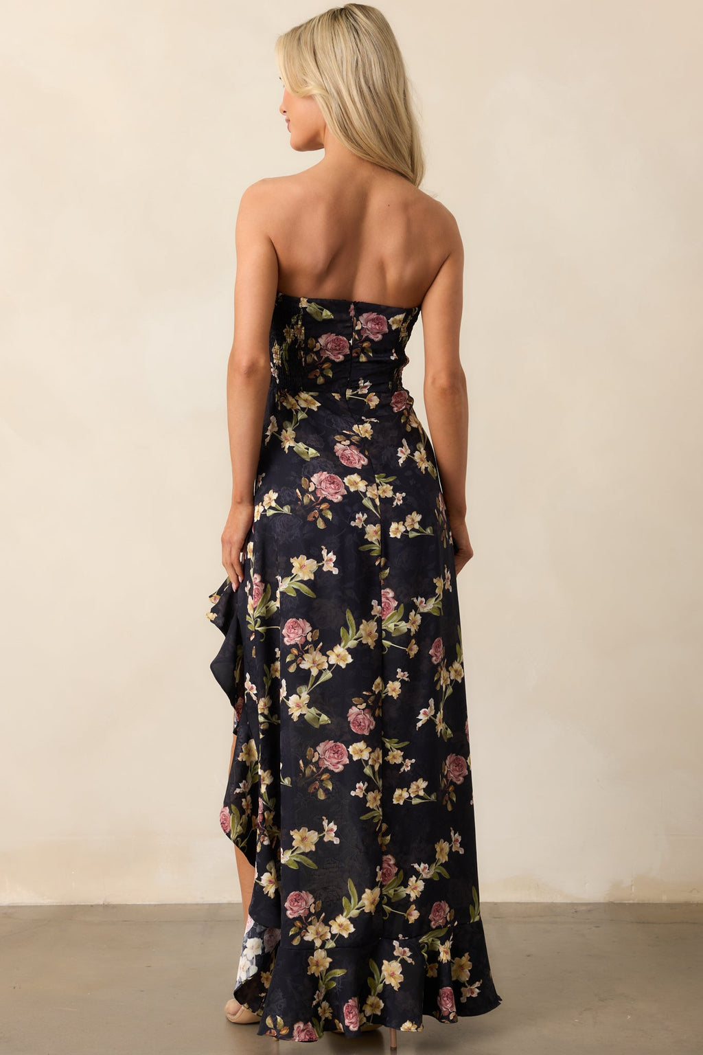 Ever After Deep Navy Floral Jacquard Strapless High Low Dress