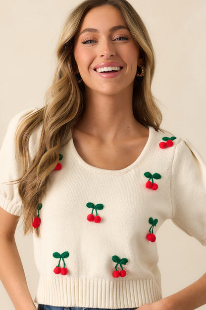 As The Story Unfolds Ivory Cherry Embroidered Knit Top