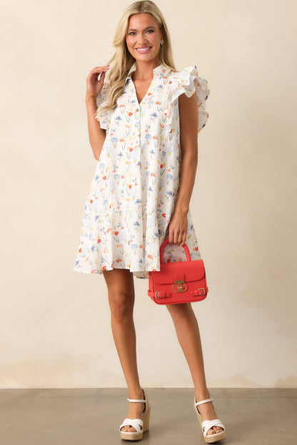 Endless Sunsets Ivory Floral Cotton Flutter Sleeve Mini Dress
