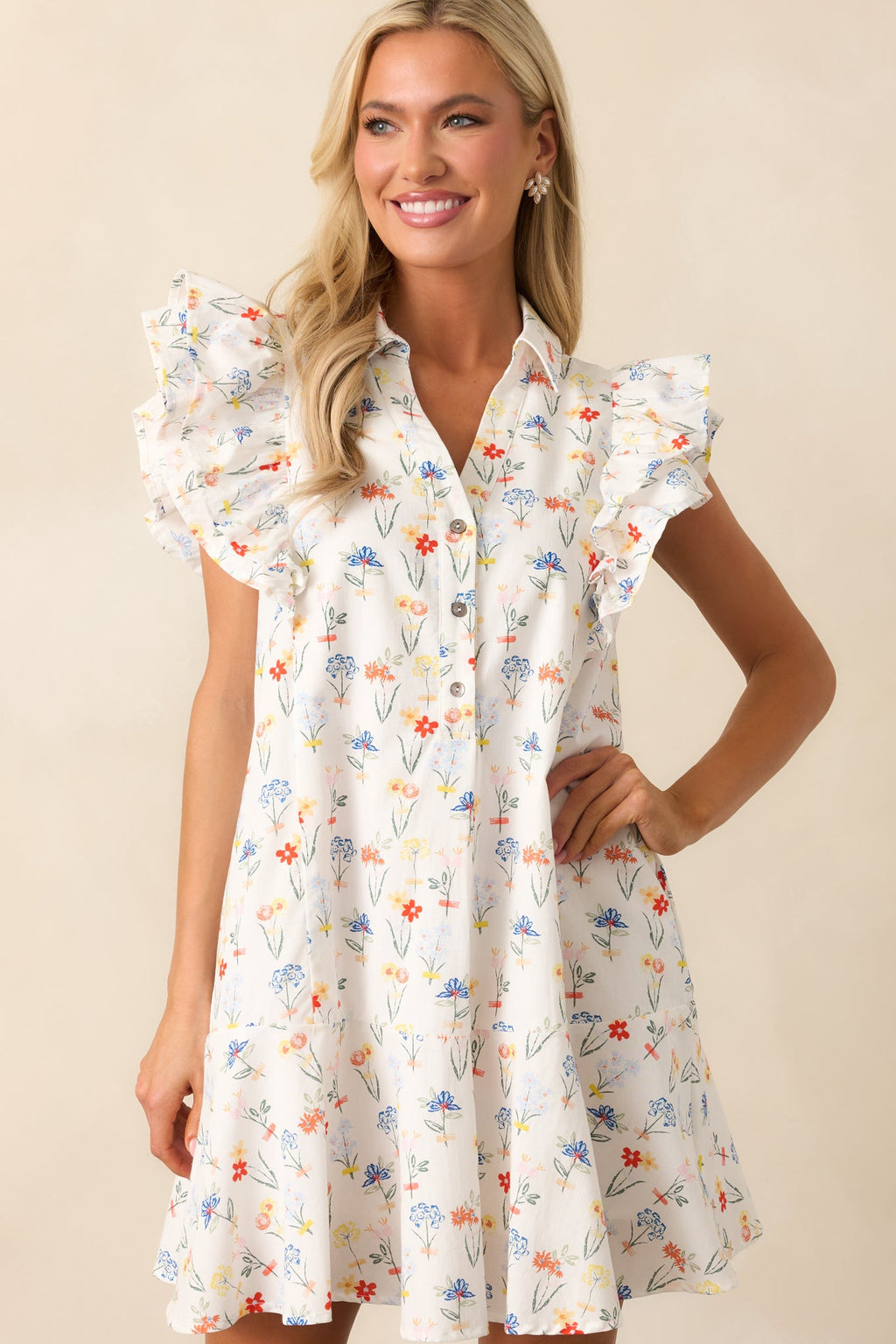 Endless Sunsets Ivory Floral Cotton Flutter Sleeve Mini Dress