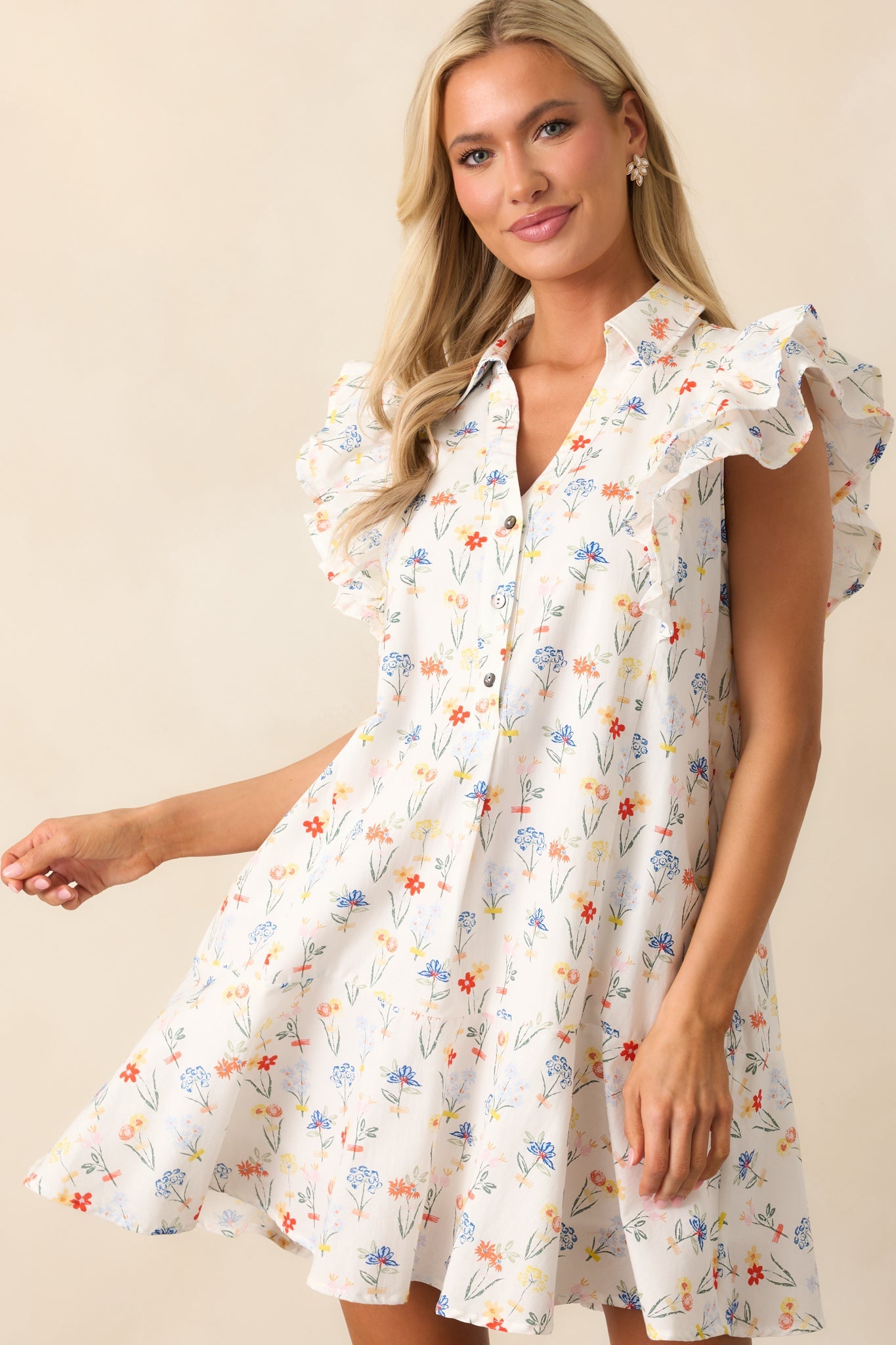 Endless Sunsets Ivory Floral Cotton Flutter Sleeve Mini Dress