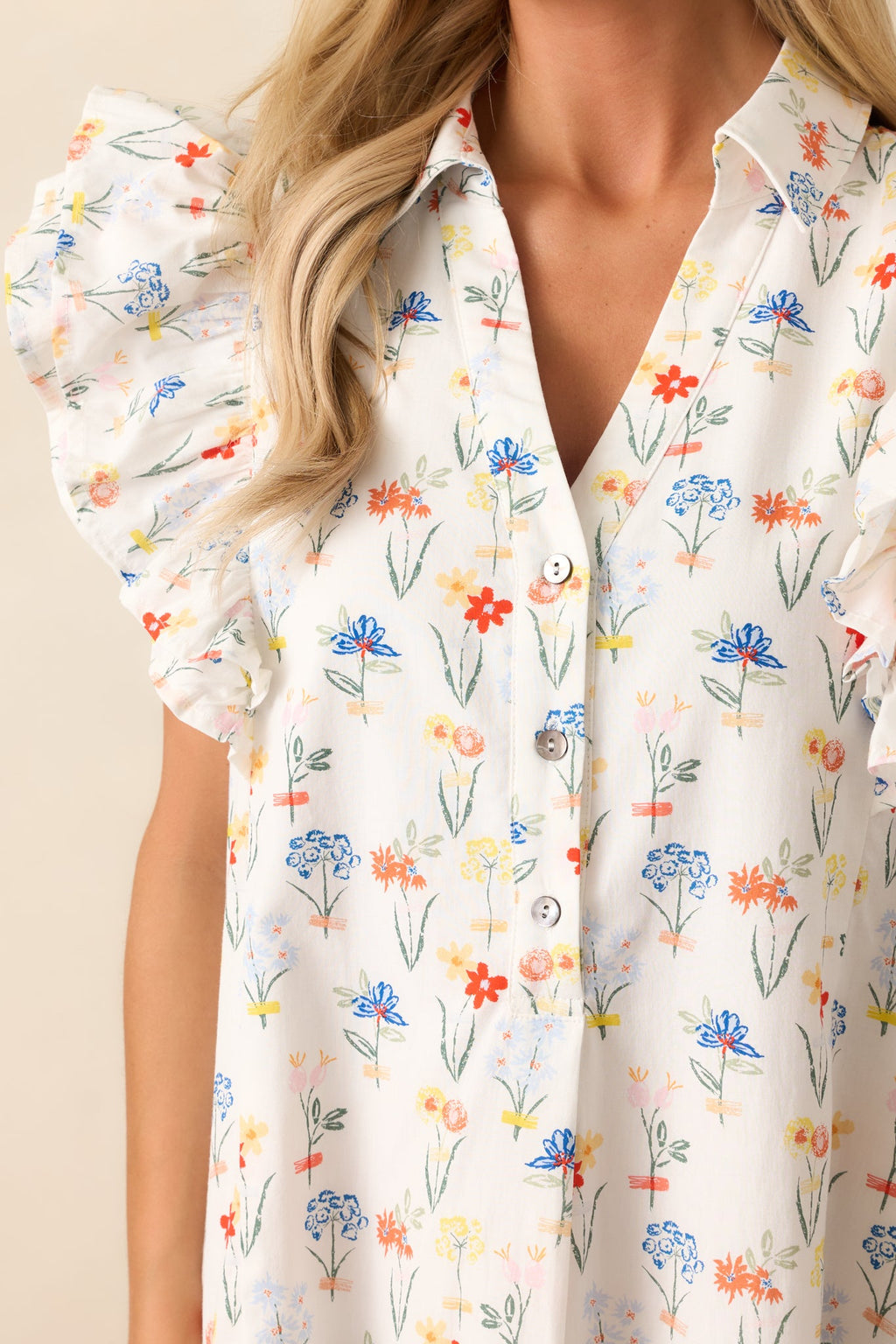 Endless Sunsets Ivory Floral Cotton Flutter Sleeve Mini Dress