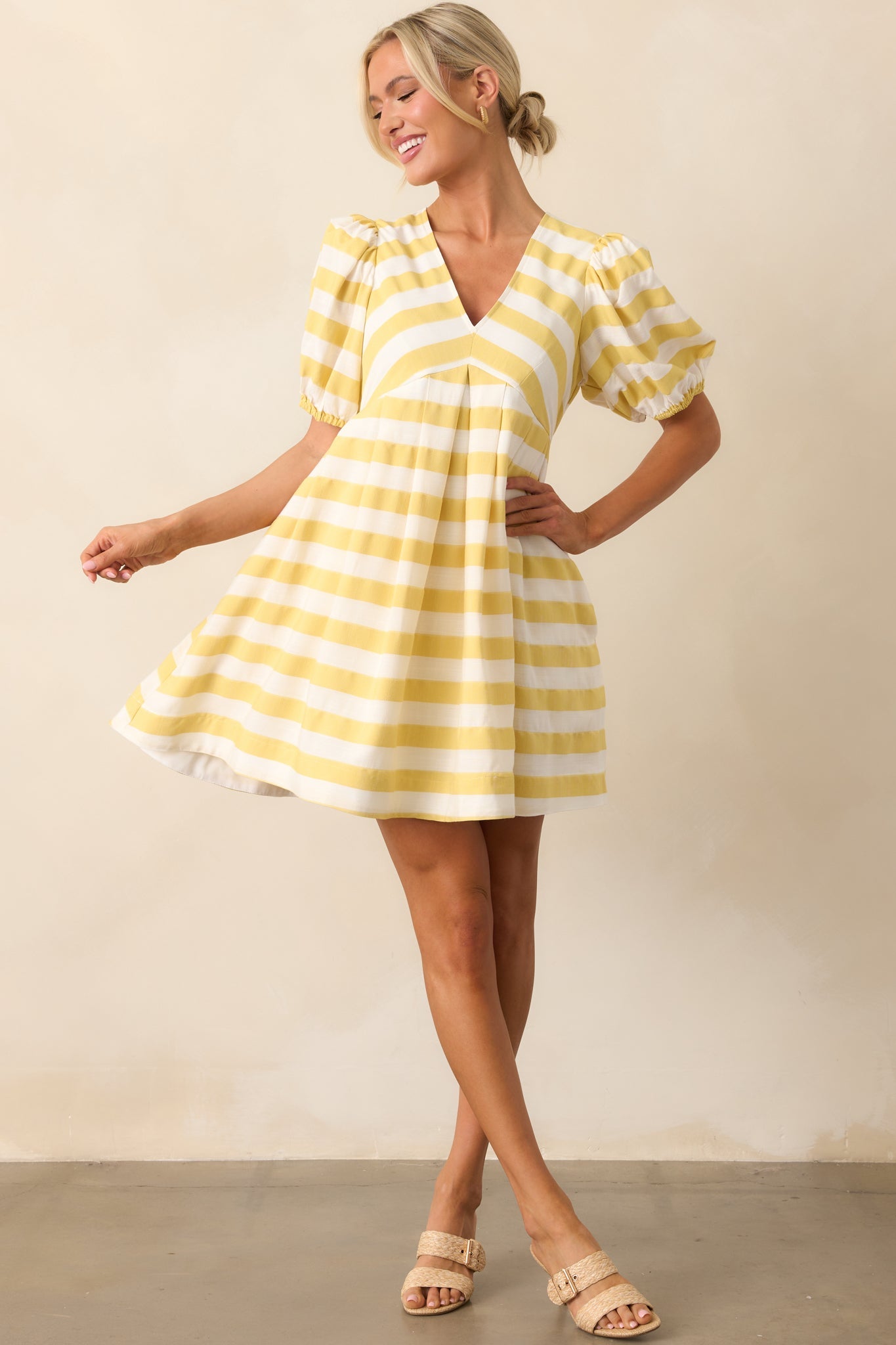 Every Now And Then Yellow Stripe Puff Sleeve Mini Dress