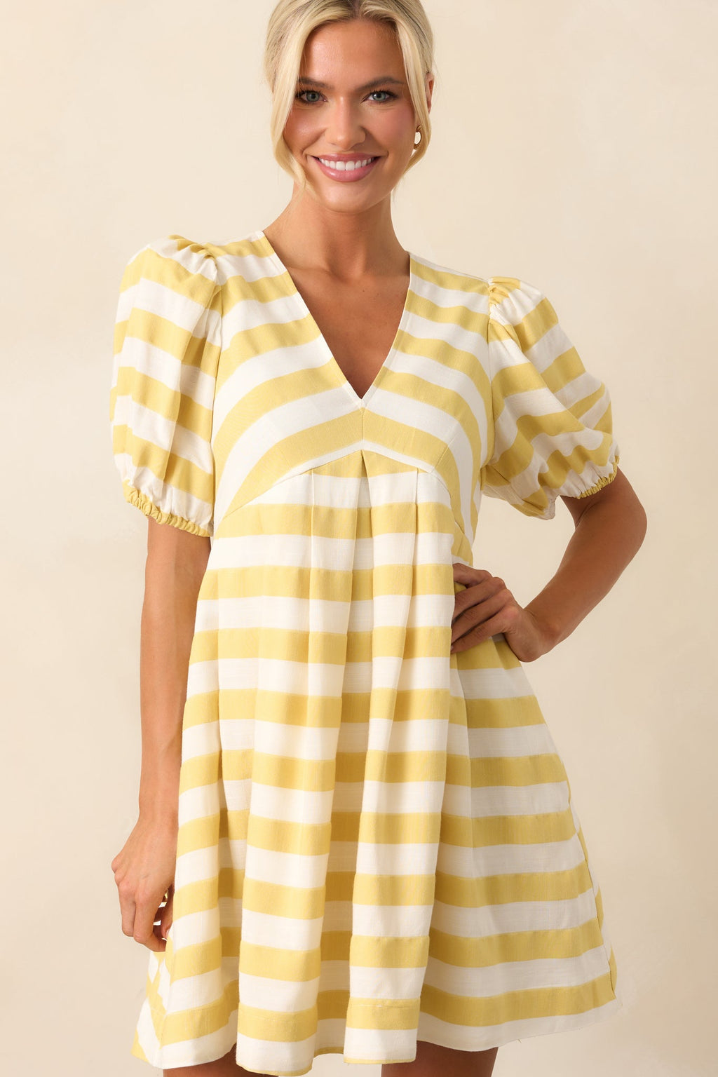 Every Now And Then Yellow Stripe Puff Sleeve Mini Dress