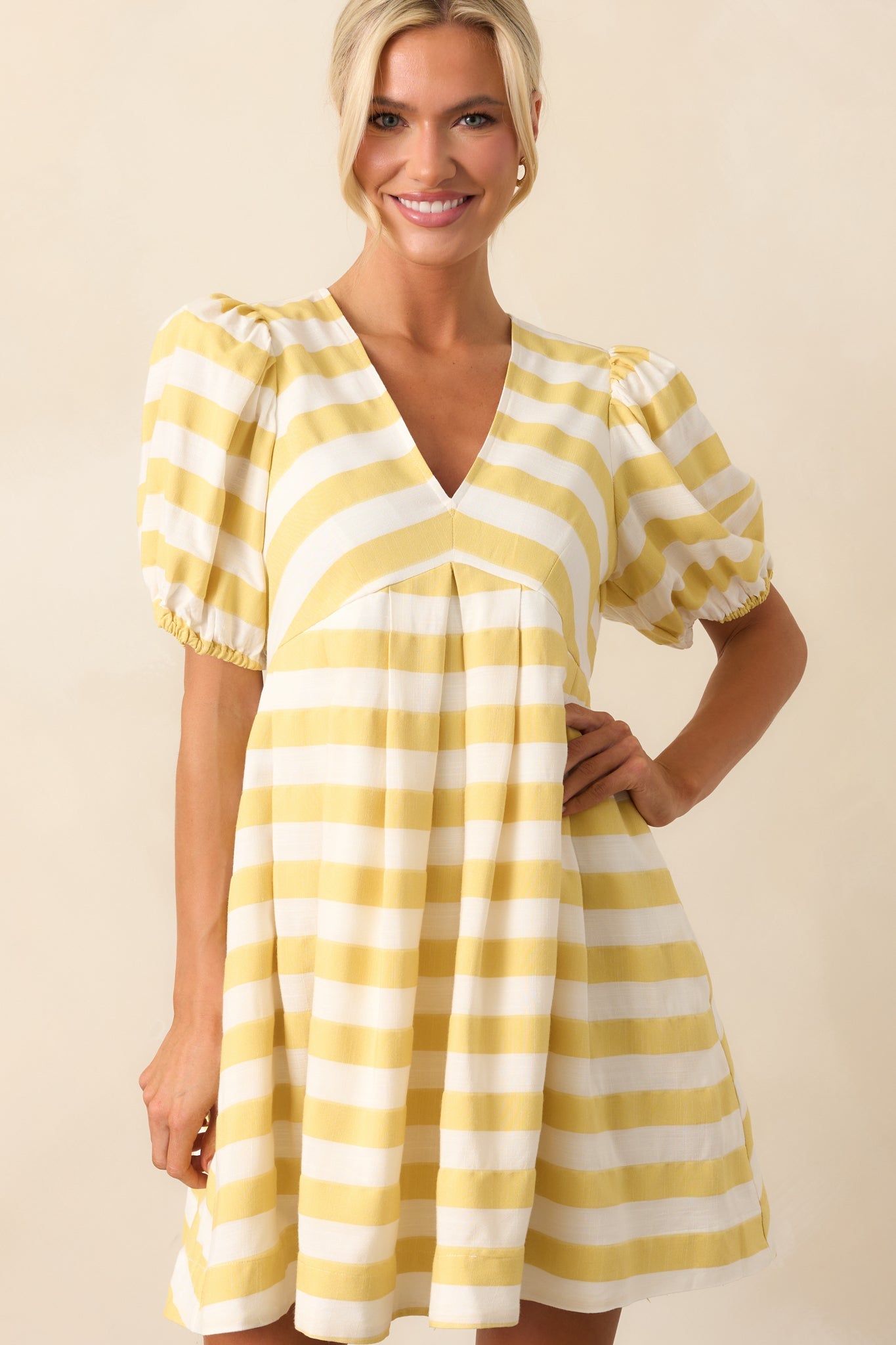 Every Now And Then Yellow Stripe Puff Sleeve Mini Dress