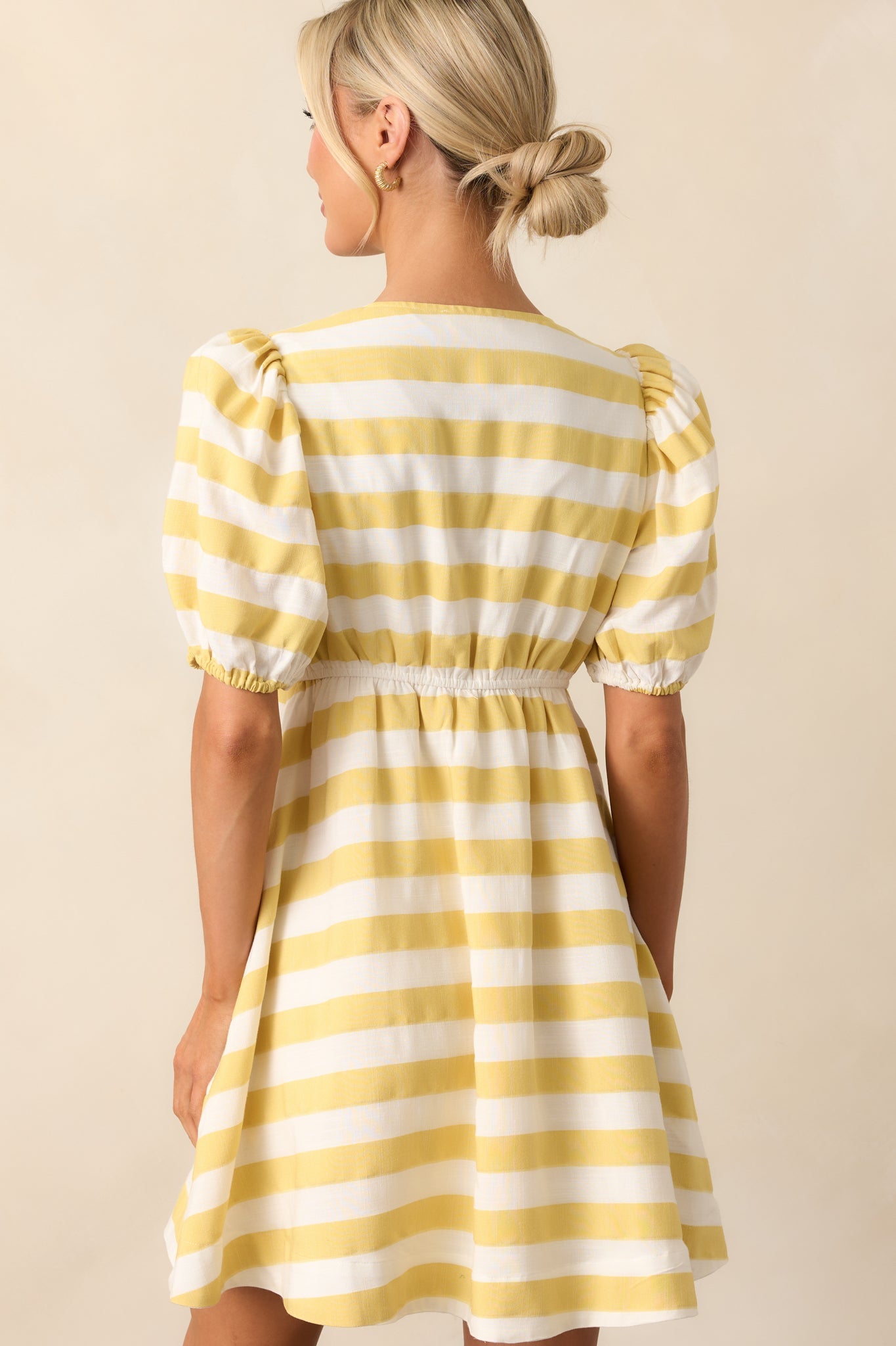 Every Now And Then Yellow Stripe Puff Sleeve Mini Dress