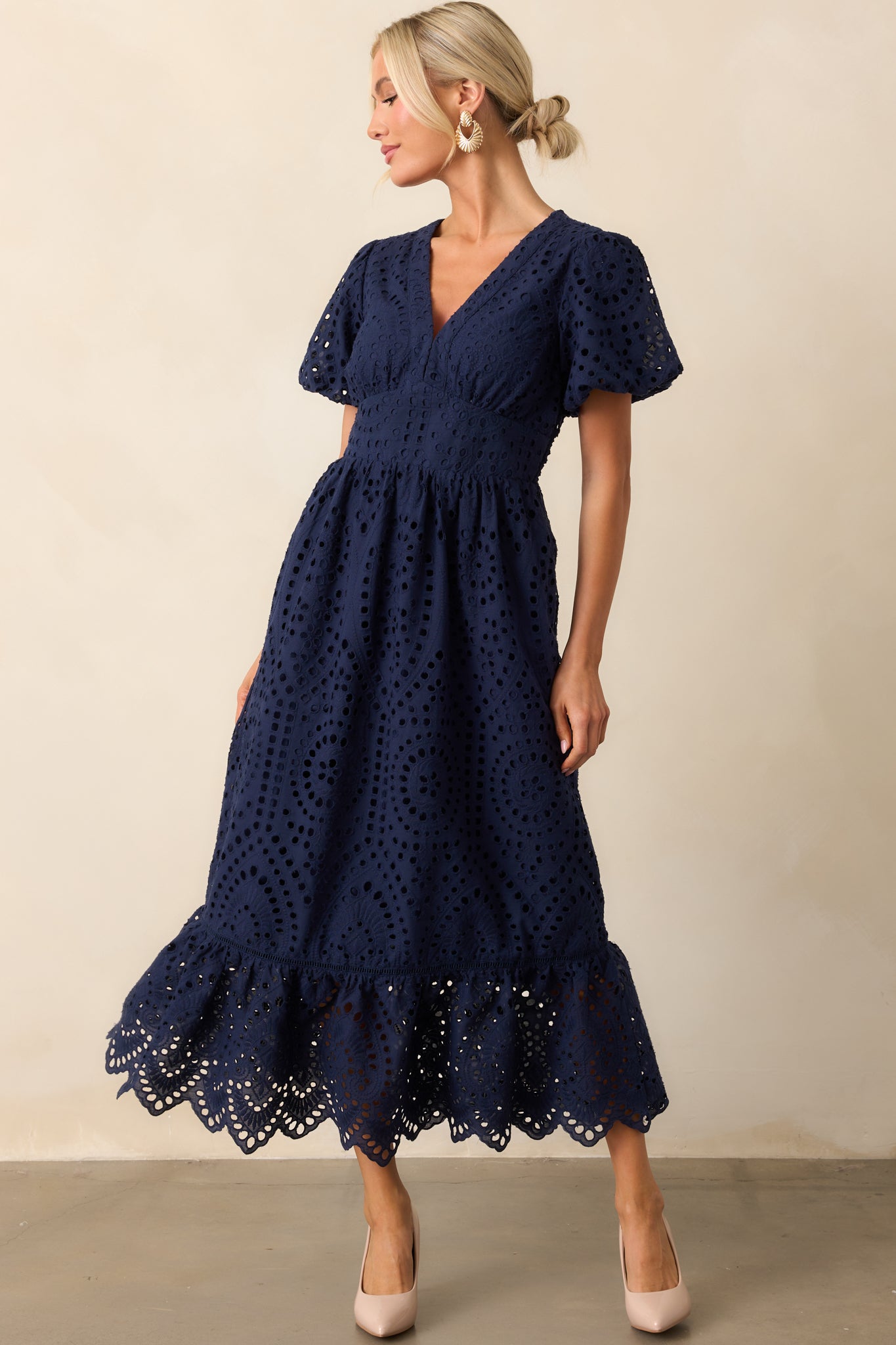 Enchanting Moments Navy Cotton Embroidered Eyelet Maxi Dress