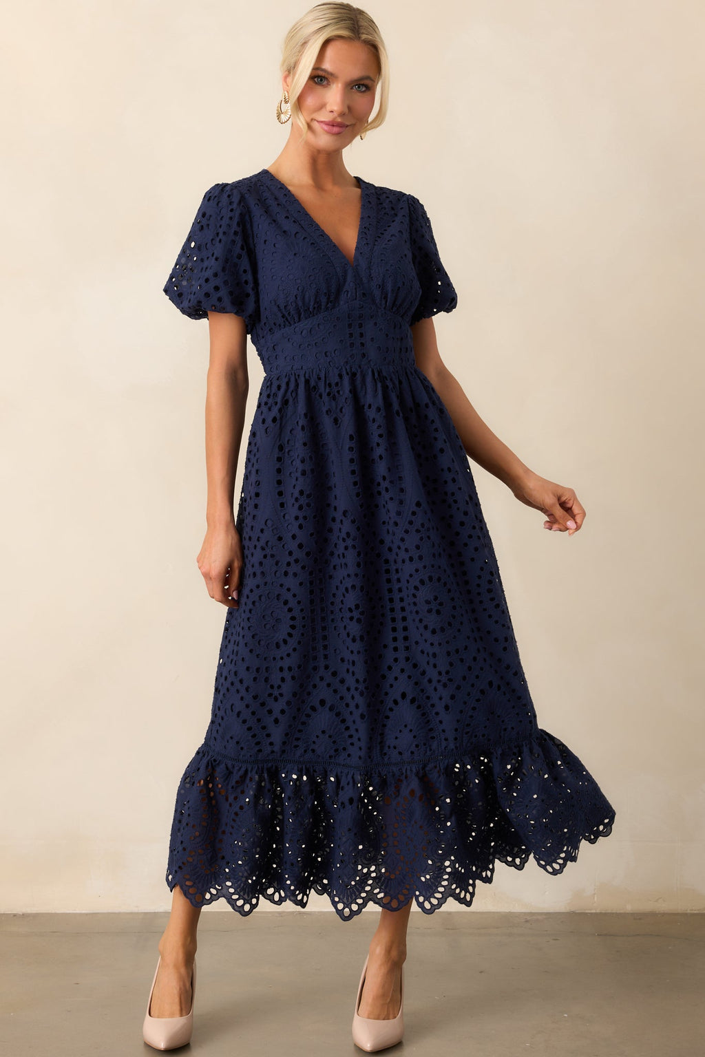 Enchanting Moments Navy Cotton Embroidered Eyelet Maxi Dress