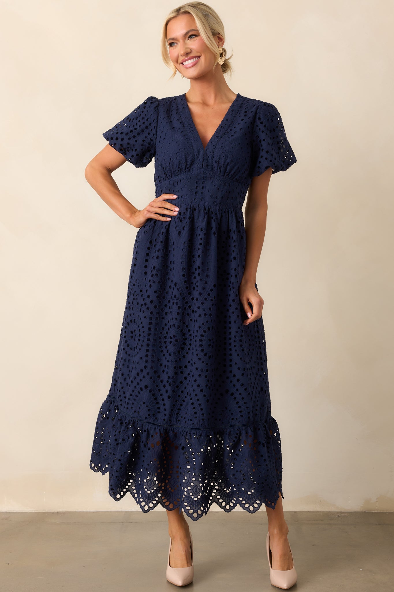Enchanting Moments Navy Cotton Embroidered Eyelet Maxi Dress
