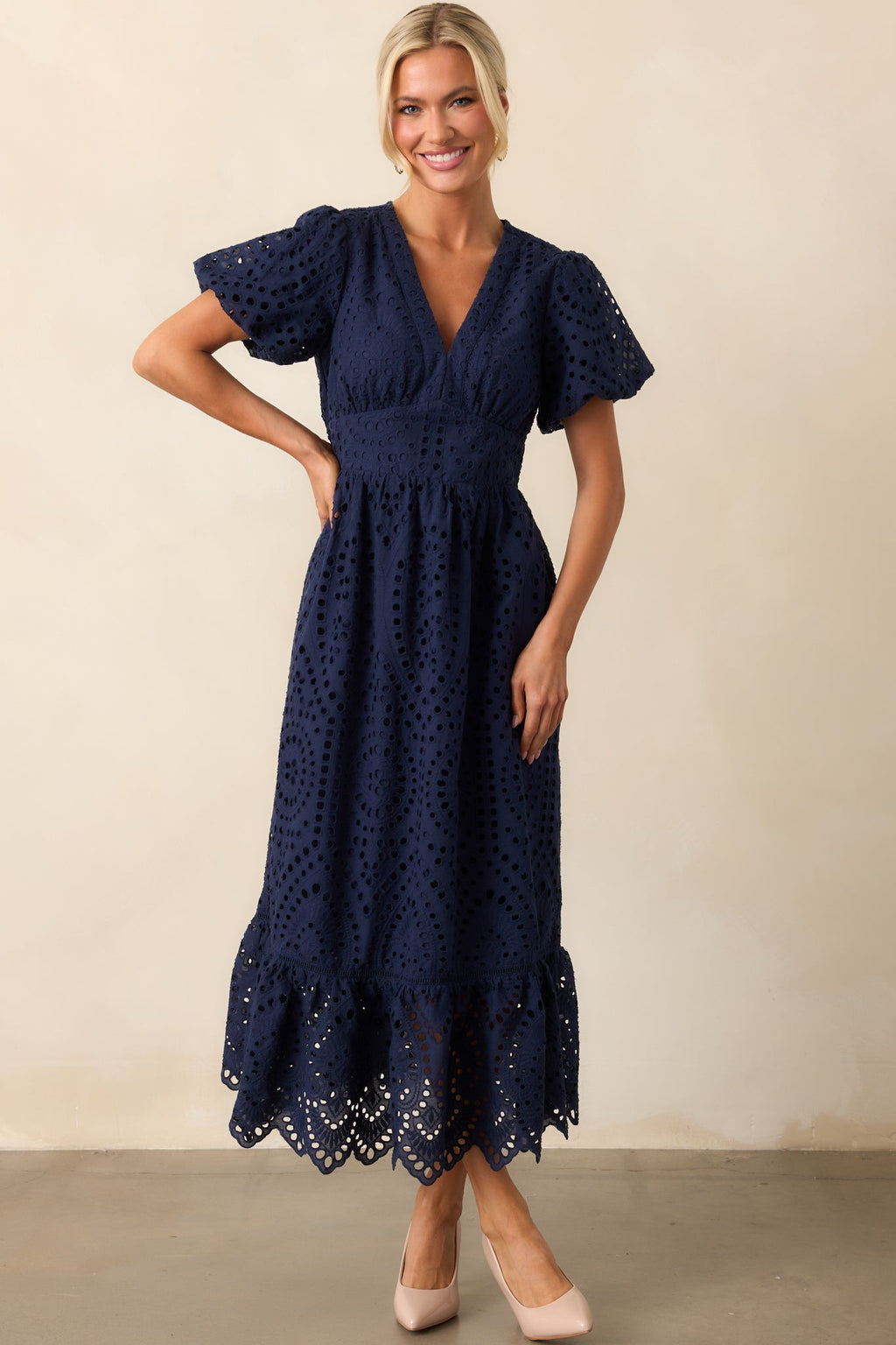 Enchanting Moments Navy Cotton Embroidered Eyelet Maxi Dress