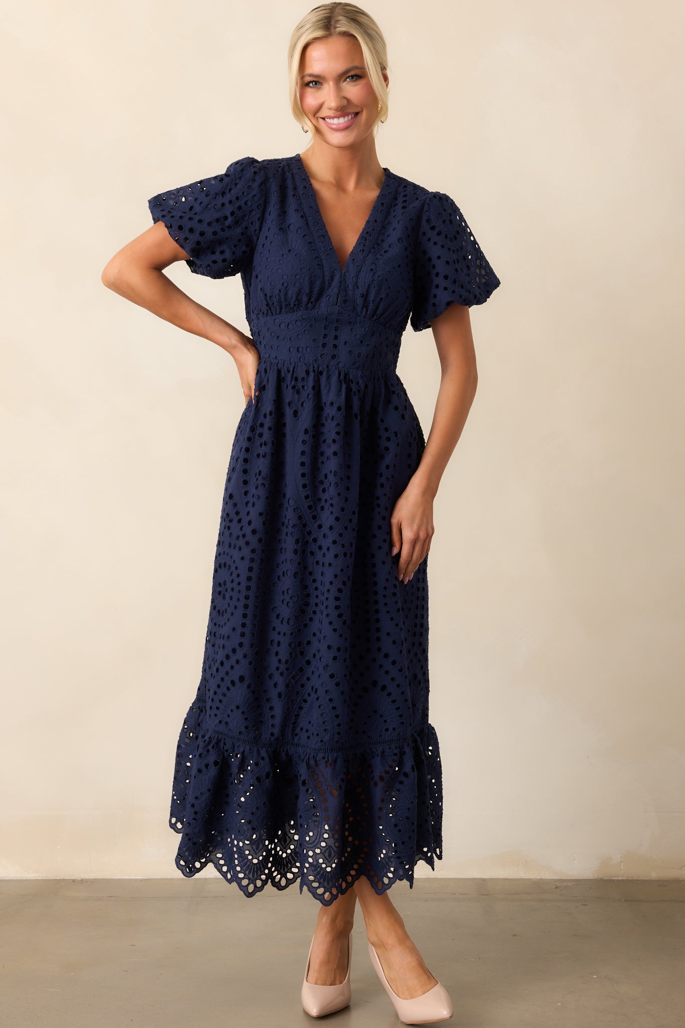 Enchanting Moments Navy Cotton Embroidered Eyelet Maxi Dress