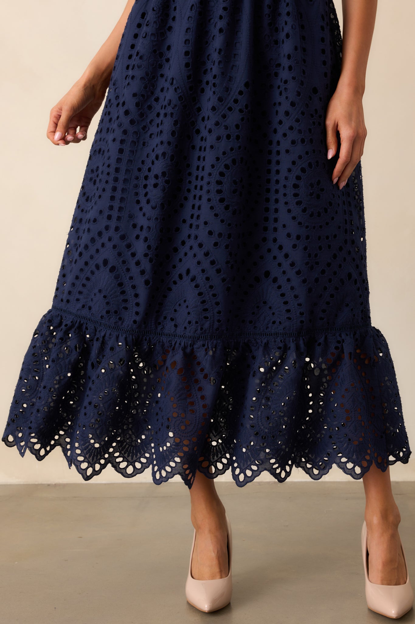 Enchanting Moments Navy Cotton Embroidered Eyelet Maxi Dress