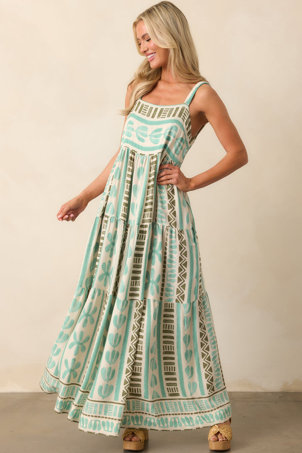 Just The Beginning Seafoam Green Tropical Print Maxi Dress