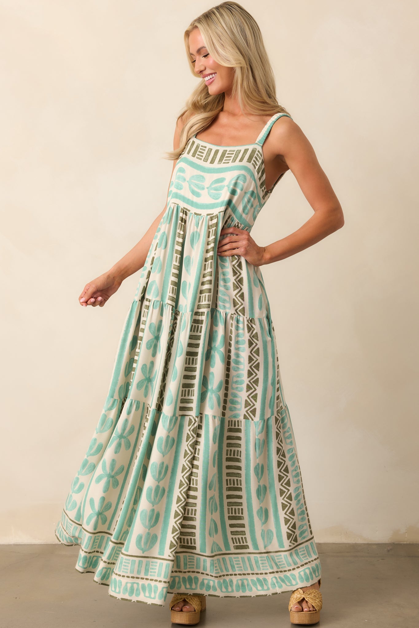 Just The Beginning Seafoam Green Tropical Print Maxi Dress