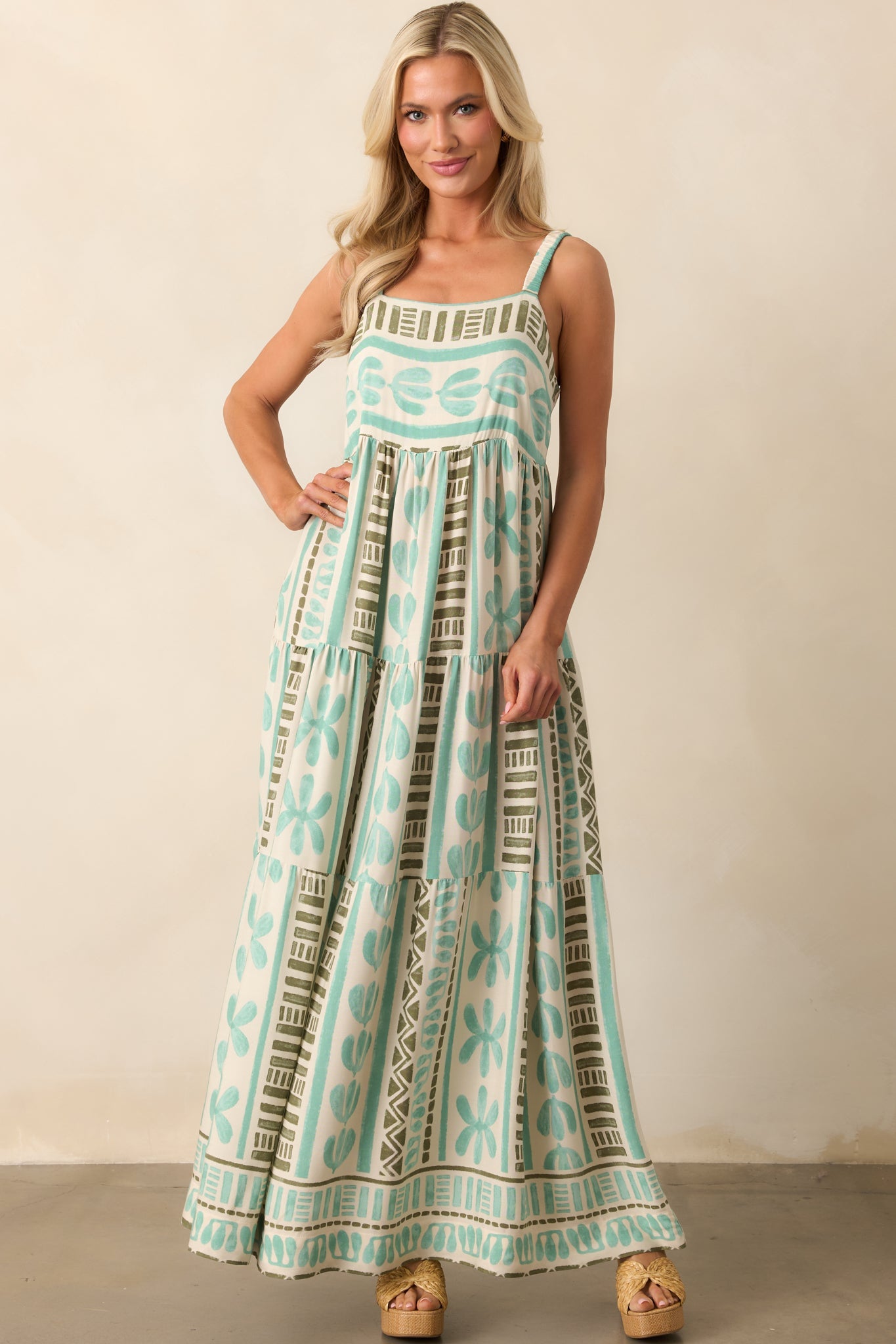 Just The Beginning Seafoam Green Tropical Print Maxi Dress