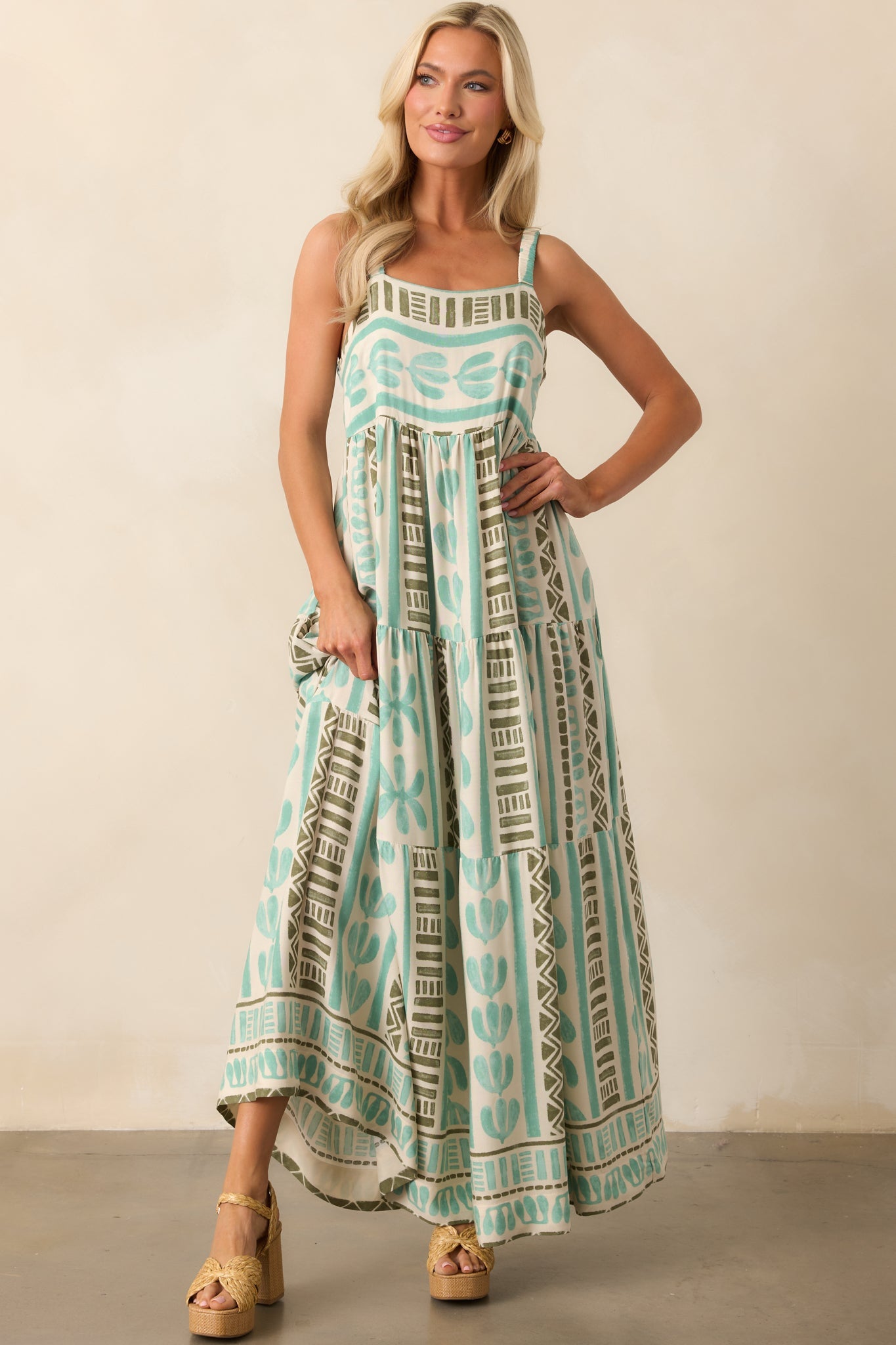 Just The Beginning Seafoam Green Tropical Print Maxi Dress