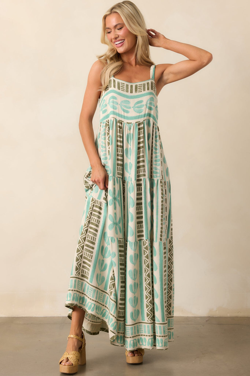 Just The Beginning Seafoam Green Tropical Print Maxi Dress