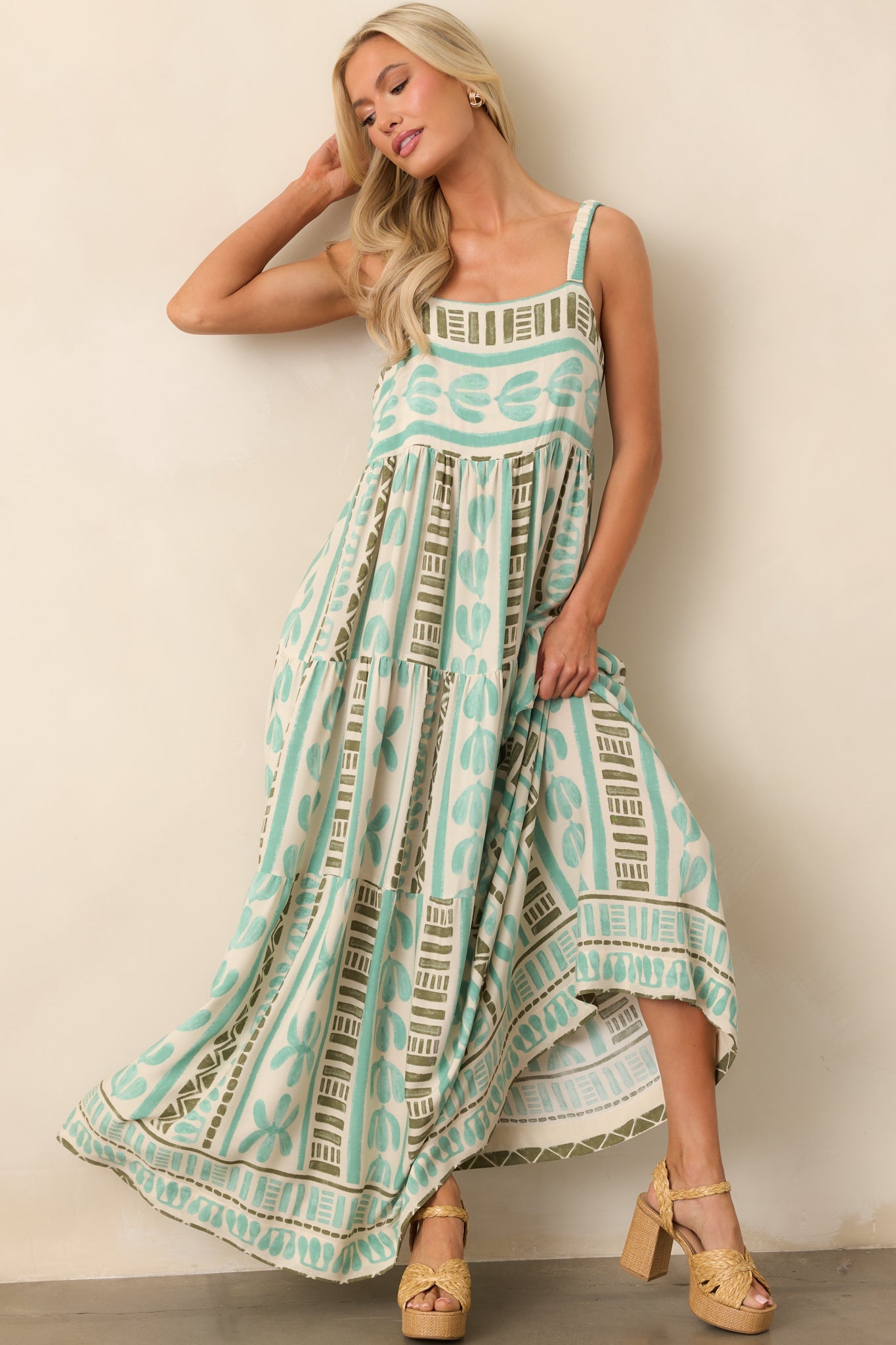 Just The Beginning Seafoam Green Tropical Print Maxi Dress