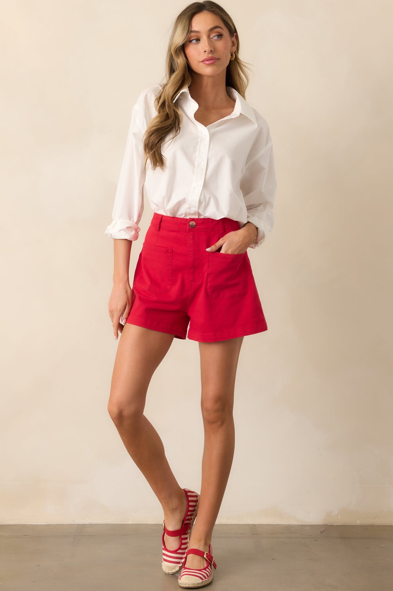 For The Moment Red High Waisted Patch Pocket Shorts