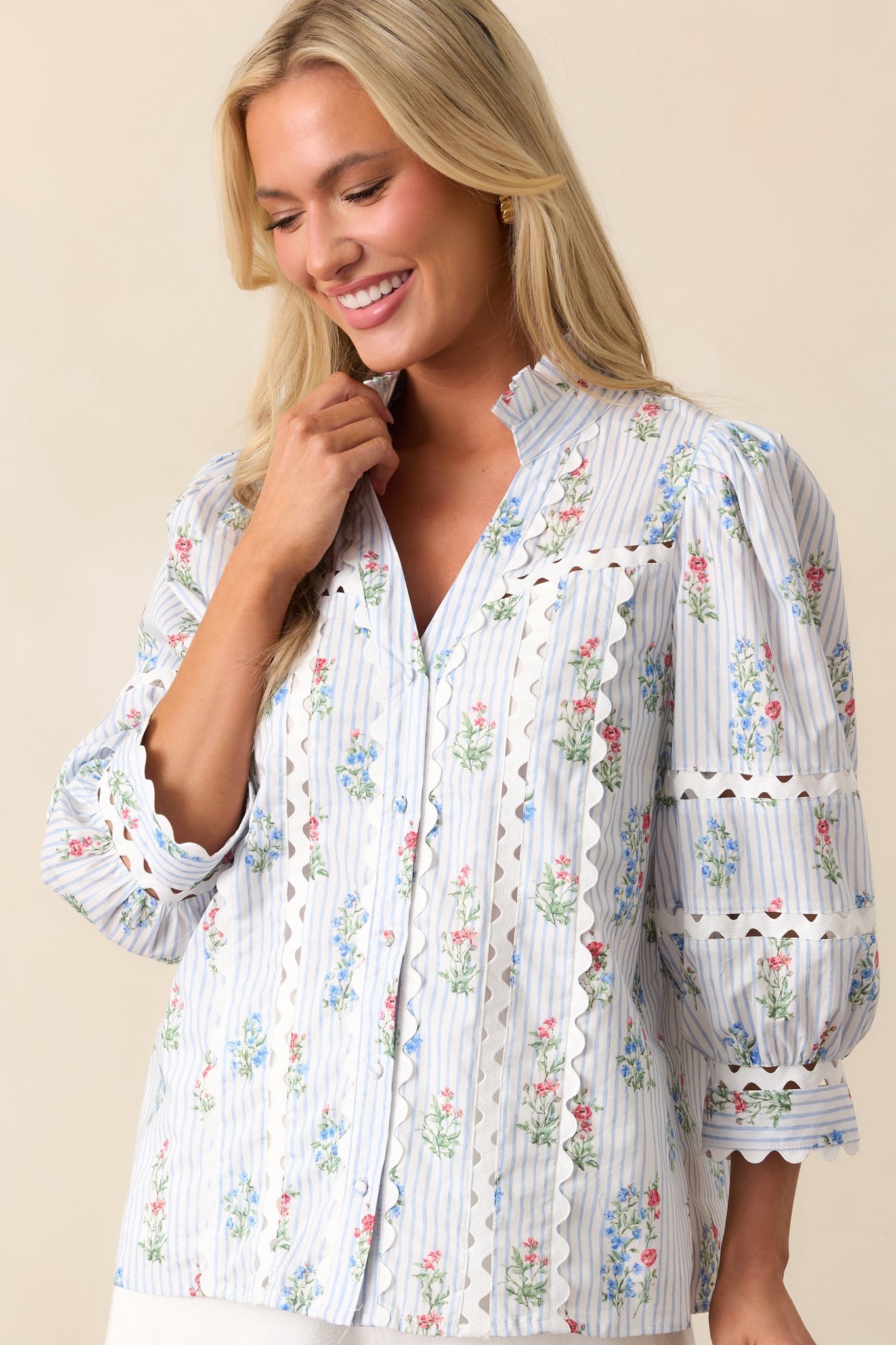 For Keeps Light Blue Stripe Floral Cotton Button Front Top